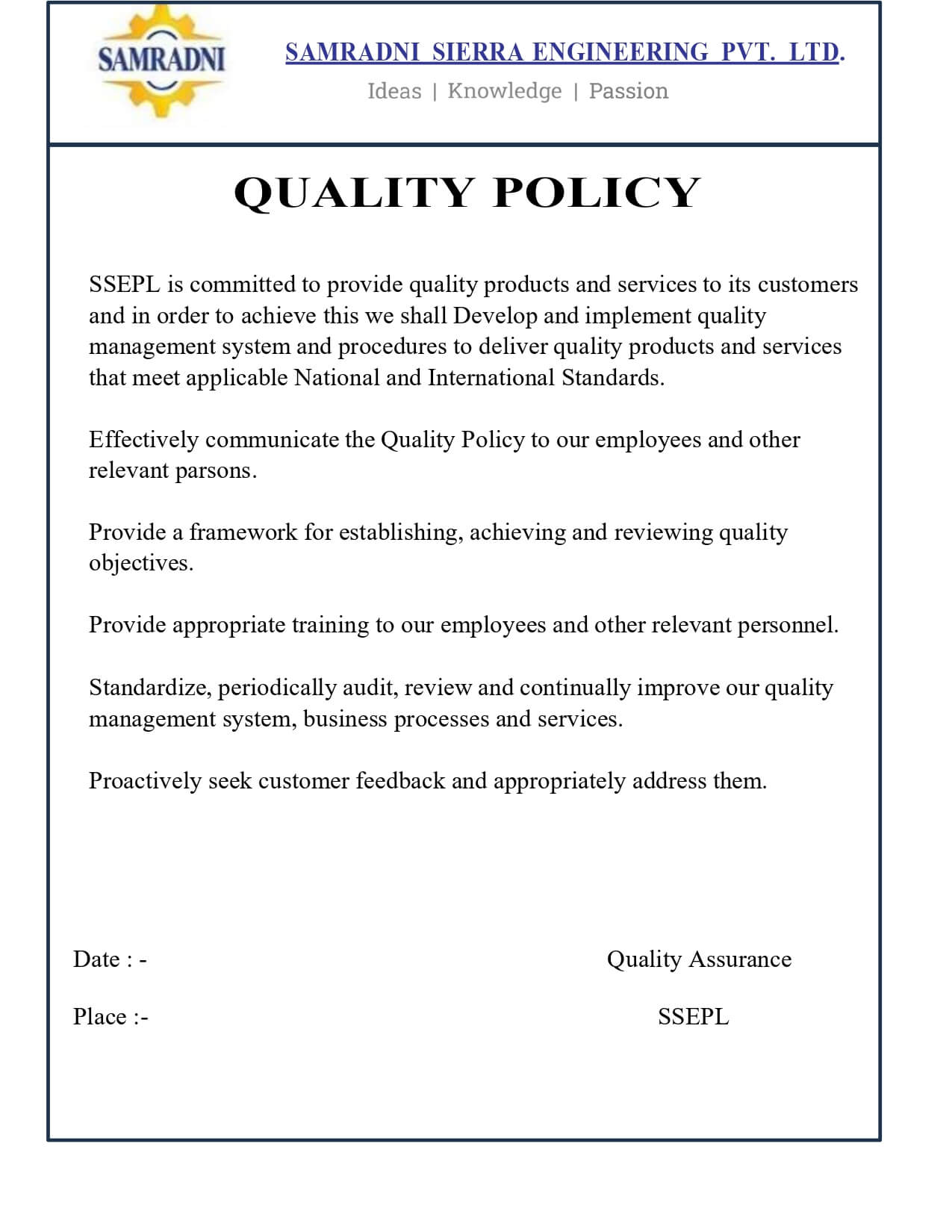 Quality Policy Certificate